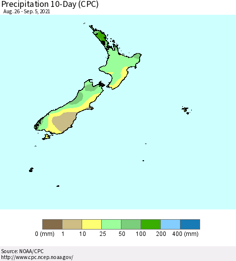 New Zealand Precipitation 10-Day (CPC) Thematic Map For 8/26/2021 - 9/5/2021