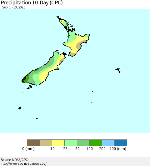 New Zealand Precipitation 10-Day (CPC) Thematic Map For 9/1/2021 - 9/10/2021
