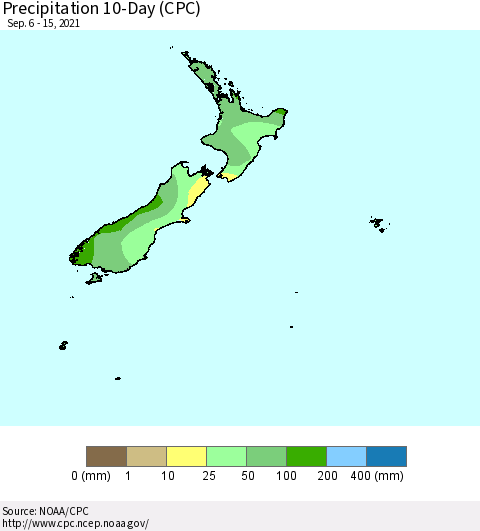 New Zealand Precipitation 10-Day (CPC) Thematic Map For 9/6/2021 - 9/15/2021