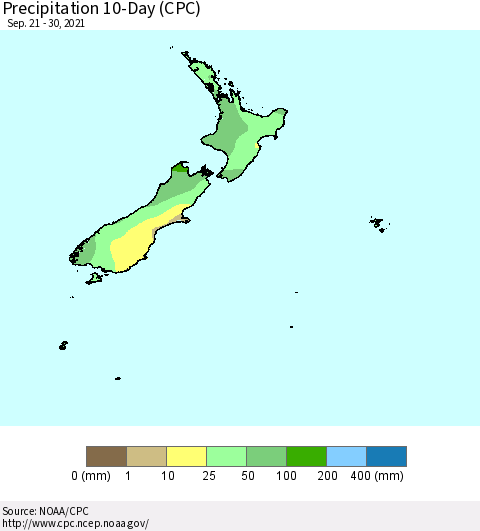 New Zealand Precipitation 10-Day (CPC) Thematic Map For 9/21/2021 - 9/30/2021