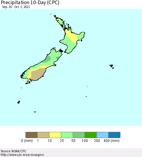 New Zealand Precipitation 10-Day (CPC) Thematic Map For 9/26/2021 - 10/5/2021
