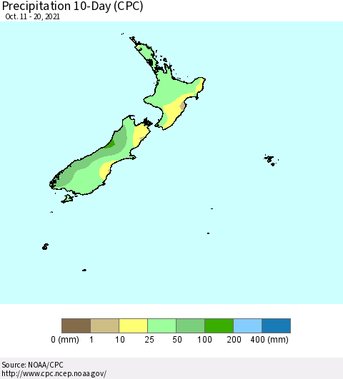 New Zealand Precipitation 10-Day (CPC) Thematic Map For 10/11/2021 - 10/20/2021
