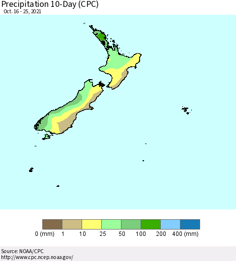 New Zealand Precipitation 10-Day (CPC) Thematic Map For 10/16/2021 - 10/25/2021