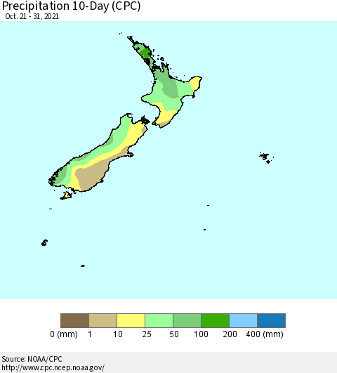 New Zealand Precipitation 10-Day (CPC) Thematic Map For 10/21/2021 - 10/31/2021