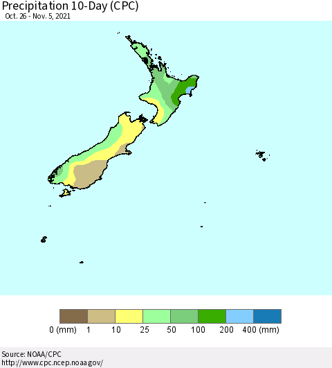 New Zealand Precipitation 10-Day (CPC) Thematic Map For 10/26/2021 - 11/5/2021