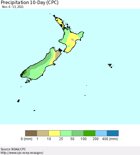 New Zealand Precipitation 10-Day (CPC) Thematic Map For 11/6/2021 - 11/15/2021