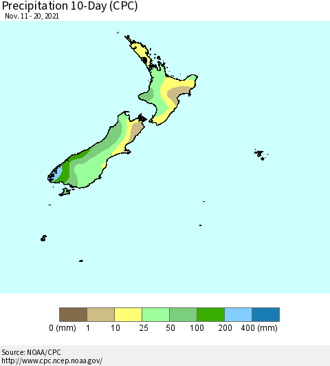 New Zealand Precipitation 10-Day (CPC) Thematic Map For 11/11/2021 - 11/20/2021