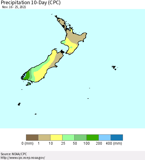 New Zealand Precipitation 10-Day (CPC) Thematic Map For 11/16/2021 - 11/25/2021