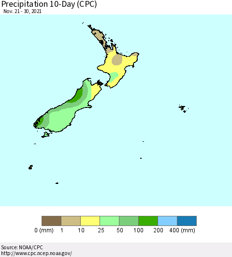 New Zealand Precipitation 10-Day (CPC) Thematic Map For 11/21/2021 - 11/30/2021