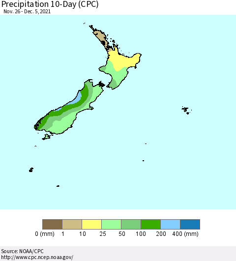 New Zealand Precipitation 10-Day (CPC) Thematic Map For 11/26/2021 - 12/5/2021