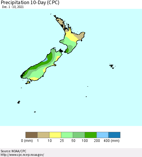 New Zealand Precipitation 10-Day (CPC) Thematic Map For 12/1/2021 - 12/10/2021