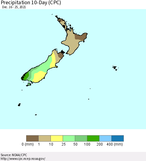 New Zealand Precipitation 10-Day (CPC) Thematic Map For 12/16/2021 - 12/25/2021