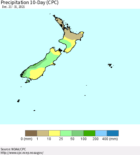 New Zealand Precipitation 10-Day (CPC) Thematic Map For 12/21/2021 - 12/31/2021