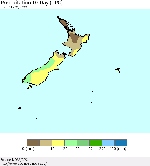 New Zealand Precipitation 10-Day (CPC) Thematic Map For 1/11/2022 - 1/20/2022