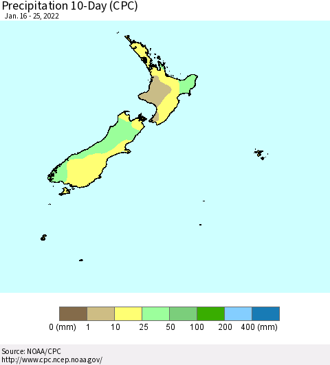 New Zealand Precipitation 10-Day (CPC) Thematic Map For 1/16/2022 - 1/25/2022
