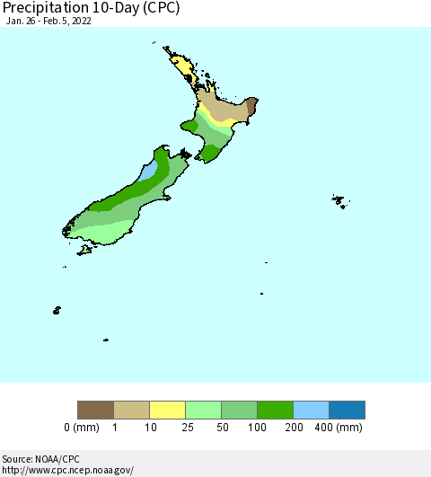 New Zealand Precipitation 10-Day (CPC) Thematic Map For 1/26/2022 - 2/5/2022