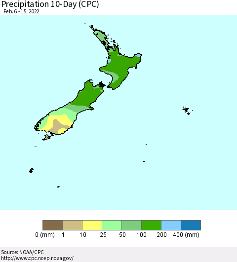 New Zealand Precipitation 10-Day (CPC) Thematic Map For 2/6/2022 - 2/15/2022