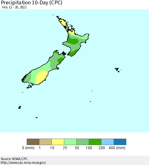 New Zealand Precipitation 10-Day (CPC) Thematic Map For 2/11/2022 - 2/20/2022