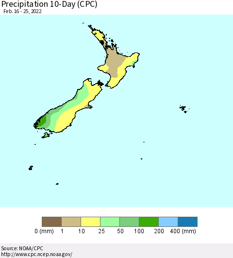 New Zealand Precipitation 10-Day (CPC) Thematic Map For 2/16/2022 - 2/25/2022