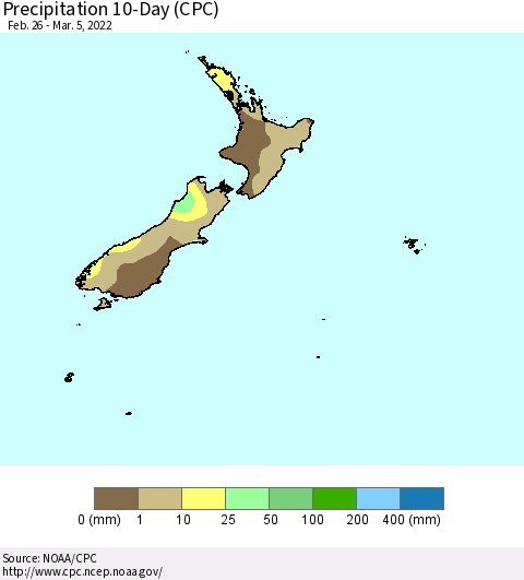 New Zealand Precipitation 10-Day (CPC) Thematic Map For 2/26/2022 - 3/5/2022