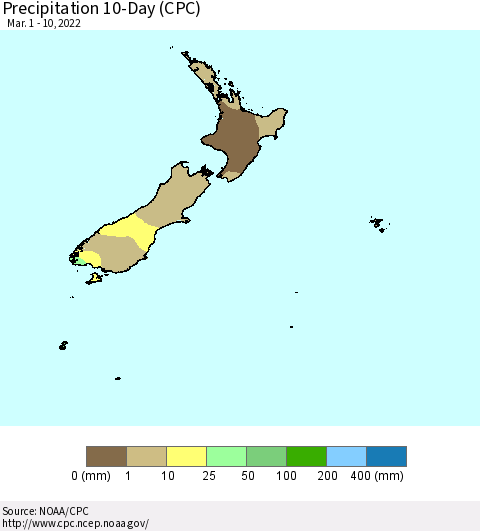 New Zealand Precipitation 10-Day (CPC) Thematic Map For 3/1/2022 - 3/10/2022