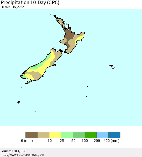 New Zealand Precipitation 10-Day (CPC) Thematic Map For 3/6/2022 - 3/15/2022