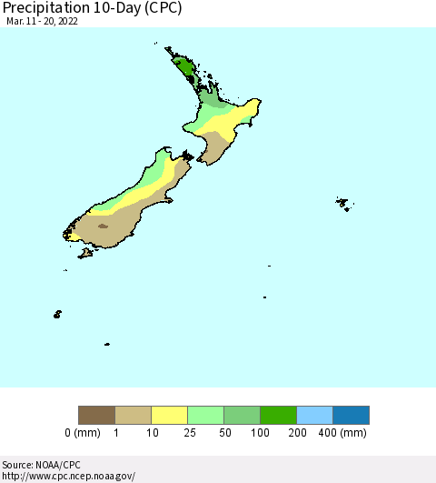 New Zealand Precipitation 10-Day (CPC) Thematic Map For 3/11/2022 - 3/20/2022