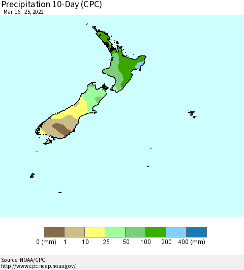New Zealand Precipitation 10-Day (CPC) Thematic Map For 3/16/2022 - 3/25/2022