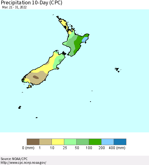 New Zealand Precipitation 10-Day (CPC) Thematic Map For 3/21/2022 - 3/31/2022