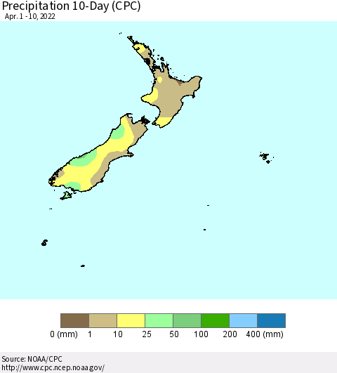 New Zealand Precipitation 10-Day (CPC) Thematic Map For 4/1/2022 - 4/10/2022