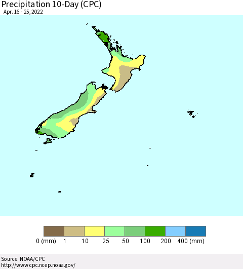 New Zealand Precipitation 10-Day (CPC) Thematic Map For 4/16/2022 - 4/25/2022