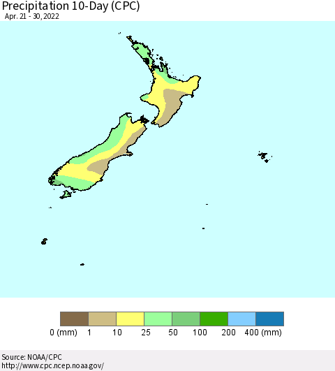 New Zealand Precipitation 10-Day (CPC) Thematic Map For 4/21/2022 - 4/30/2022