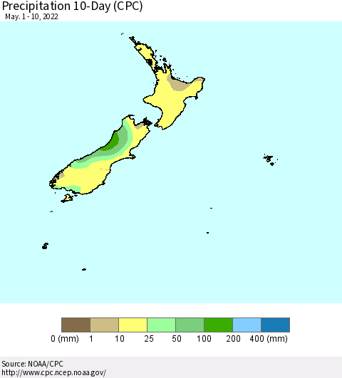 New Zealand Precipitation 10-Day (CPC) Thematic Map For 5/1/2022 - 5/10/2022