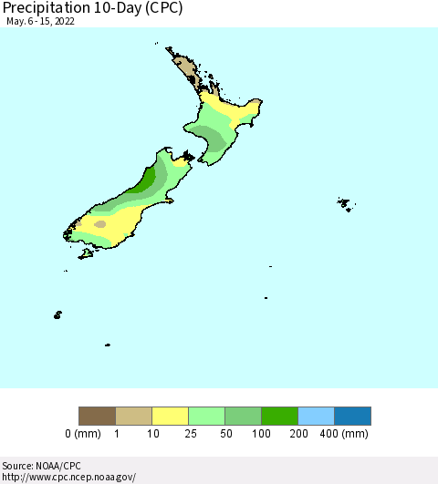 New Zealand Precipitation 10-Day (CPC) Thematic Map For 5/6/2022 - 5/15/2022