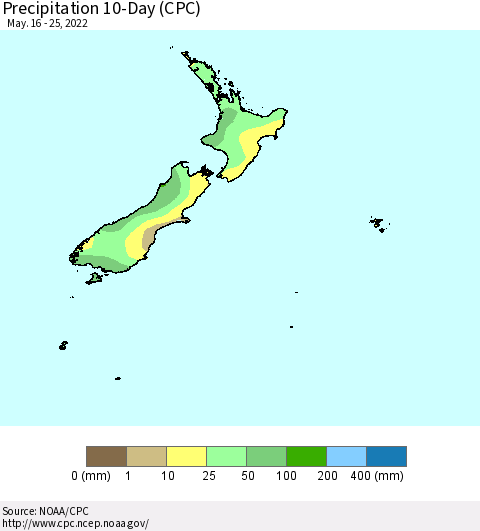 New Zealand Precipitation 10-Day (CPC) Thematic Map For 5/16/2022 - 5/25/2022