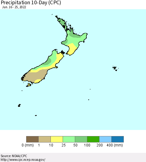 New Zealand Precipitation 10-Day (CPC) Thematic Map For 6/16/2022 - 6/25/2022