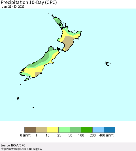 New Zealand Precipitation 10-Day (CPC) Thematic Map For 6/21/2022 - 6/30/2022