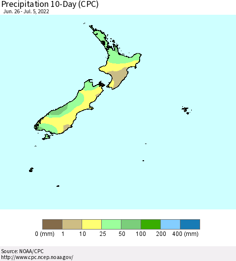 New Zealand Precipitation 10-Day (CPC) Thematic Map For 6/26/2022 - 7/5/2022