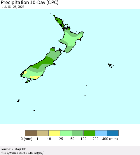 New Zealand Precipitation 10-Day (CPC) Thematic Map For 7/16/2022 - 7/25/2022