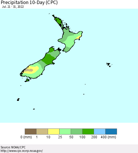 New Zealand Precipitation 10-Day (CPC) Thematic Map For 7/21/2022 - 7/31/2022