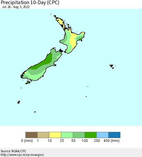 New Zealand Precipitation 10-Day (CPC) Thematic Map For 7/26/2022 - 8/5/2022
