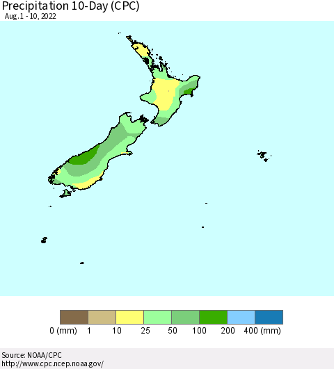 New Zealand Precipitation 10-Day (CPC) Thematic Map For 8/1/2022 - 8/10/2022