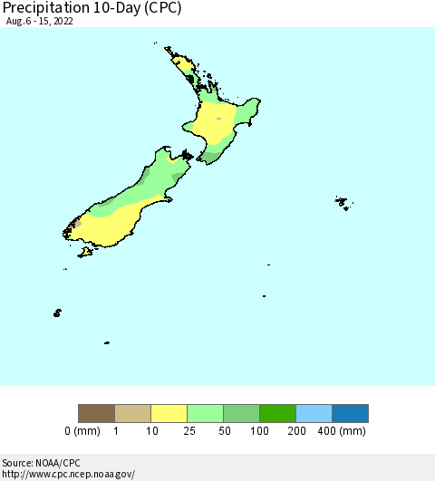 New Zealand Precipitation 10-Day (CPC) Thematic Map For 8/6/2022 - 8/15/2022