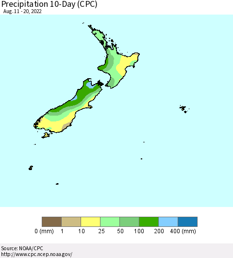 New Zealand Precipitation 10-Day (CPC) Thematic Map For 8/11/2022 - 8/20/2022