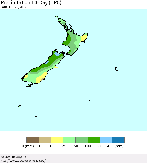 New Zealand Precipitation 10-Day (CPC) Thematic Map For 8/16/2022 - 8/25/2022