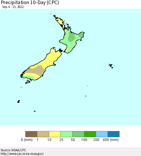 New Zealand Precipitation 10-Day (CPC) Thematic Map For 9/6/2022 - 9/15/2022