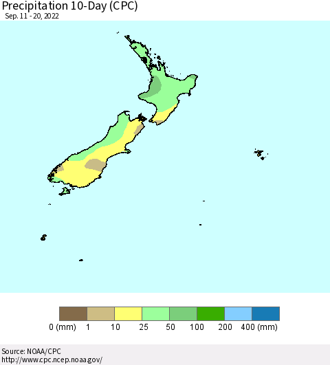 New Zealand Precipitation 10-Day (CPC) Thematic Map For 9/11/2022 - 9/20/2022