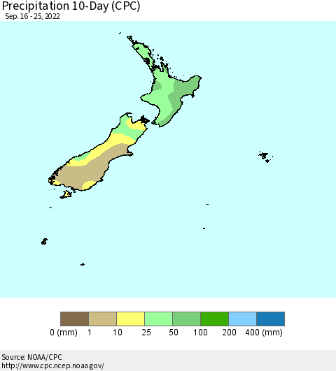 New Zealand Precipitation 10-Day (CPC) Thematic Map For 9/16/2022 - 9/25/2022