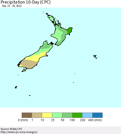 New Zealand Precipitation 10-Day (CPC) Thematic Map For 9/21/2022 - 9/30/2022