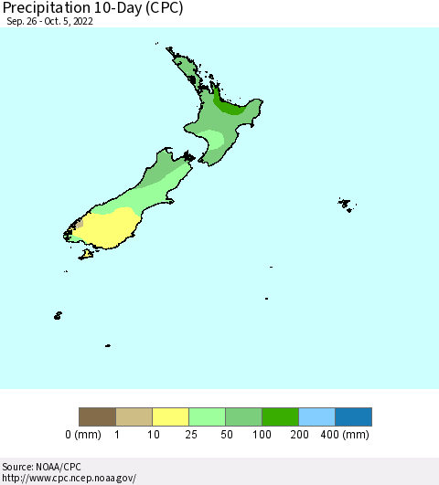 New Zealand Precipitation 10-Day (CPC) Thematic Map For 9/26/2022 - 10/5/2022